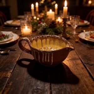 Handmade Studio Pottery Gravy Boat Brown Yellow Drip Glaze Pitcher 2015 Signed